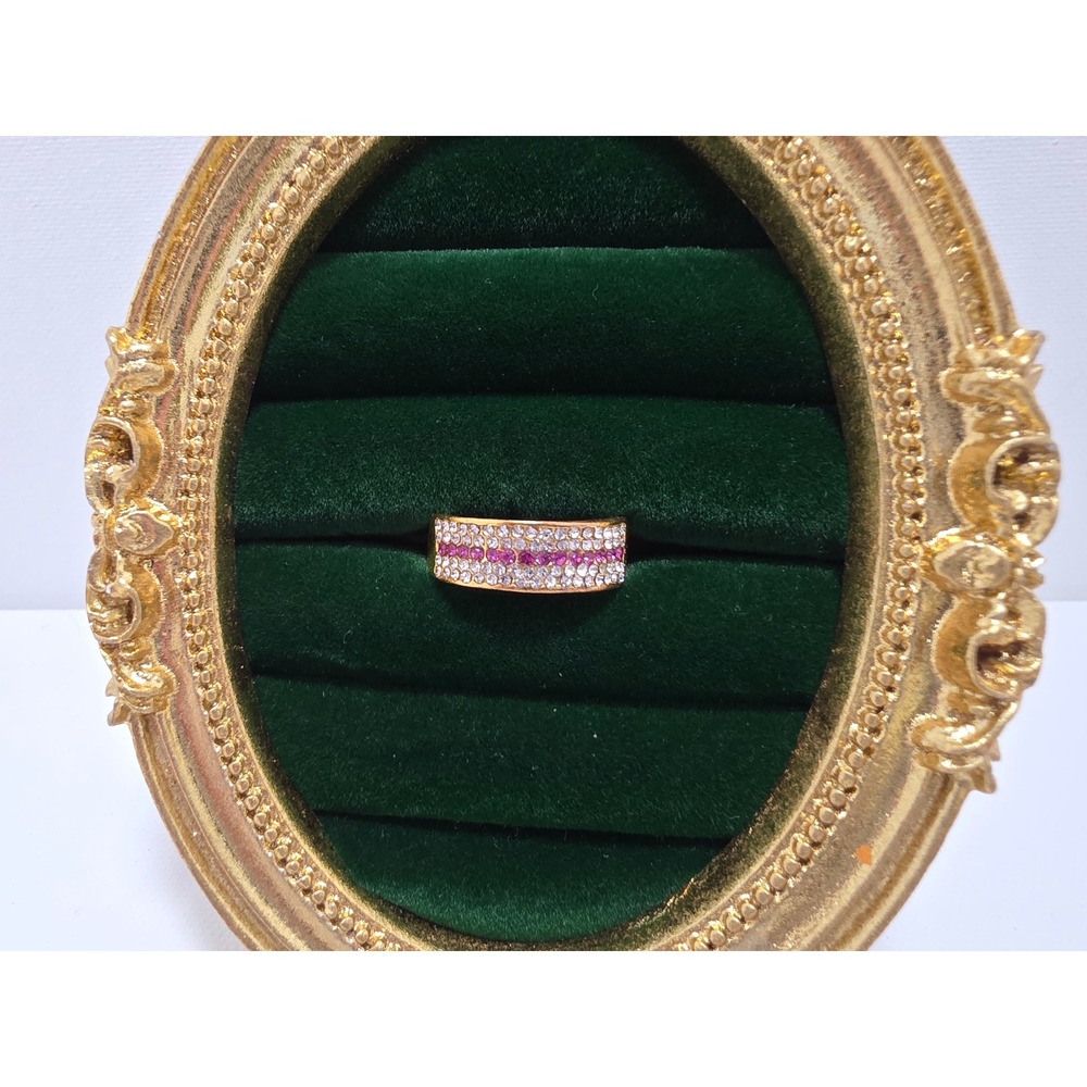 Vintage Gold Tone Pink and Clear Rhinestone Wide Band Ring Size 9